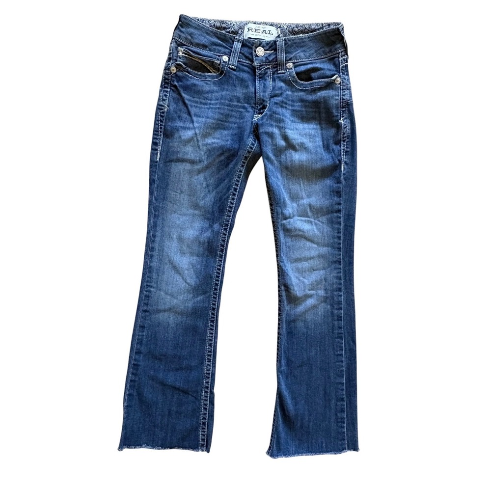 Ariat REAL Denim Womens 27R Medium Wash Bootcut Jeans Raw Hem Thick Stitch Rodeo